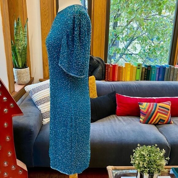 Vintage 100% Silk Peacock Teal Beaded Cocktail Dress - Picture 4 of 13
